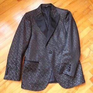 Stunning Silk and Wool Shiny Black Tuxedo with Floral Print
